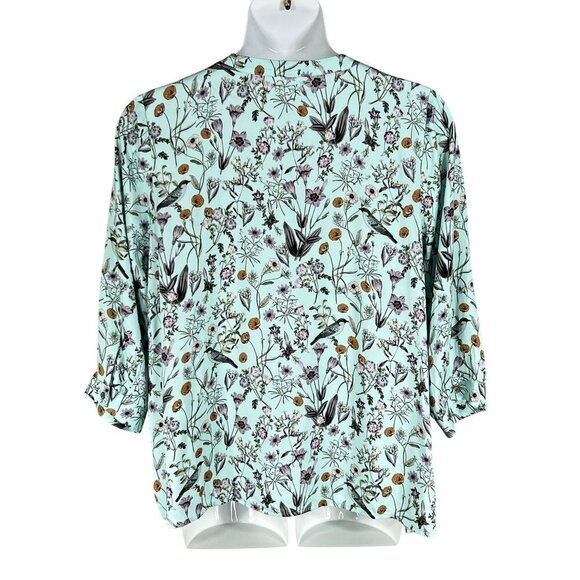 J Jill Womens L Seafoam Botanical Bird Floral Print Top 3/4 Sleeve Blouse Silky - Picture 3 of 16